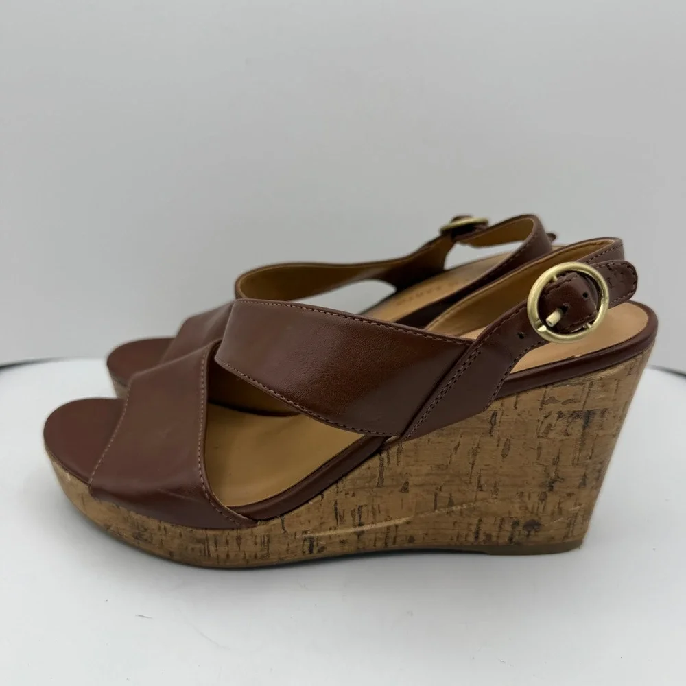 Franco Sarto Women's Size 8.5M Brown Leather Cork Wedge Sandals Casual